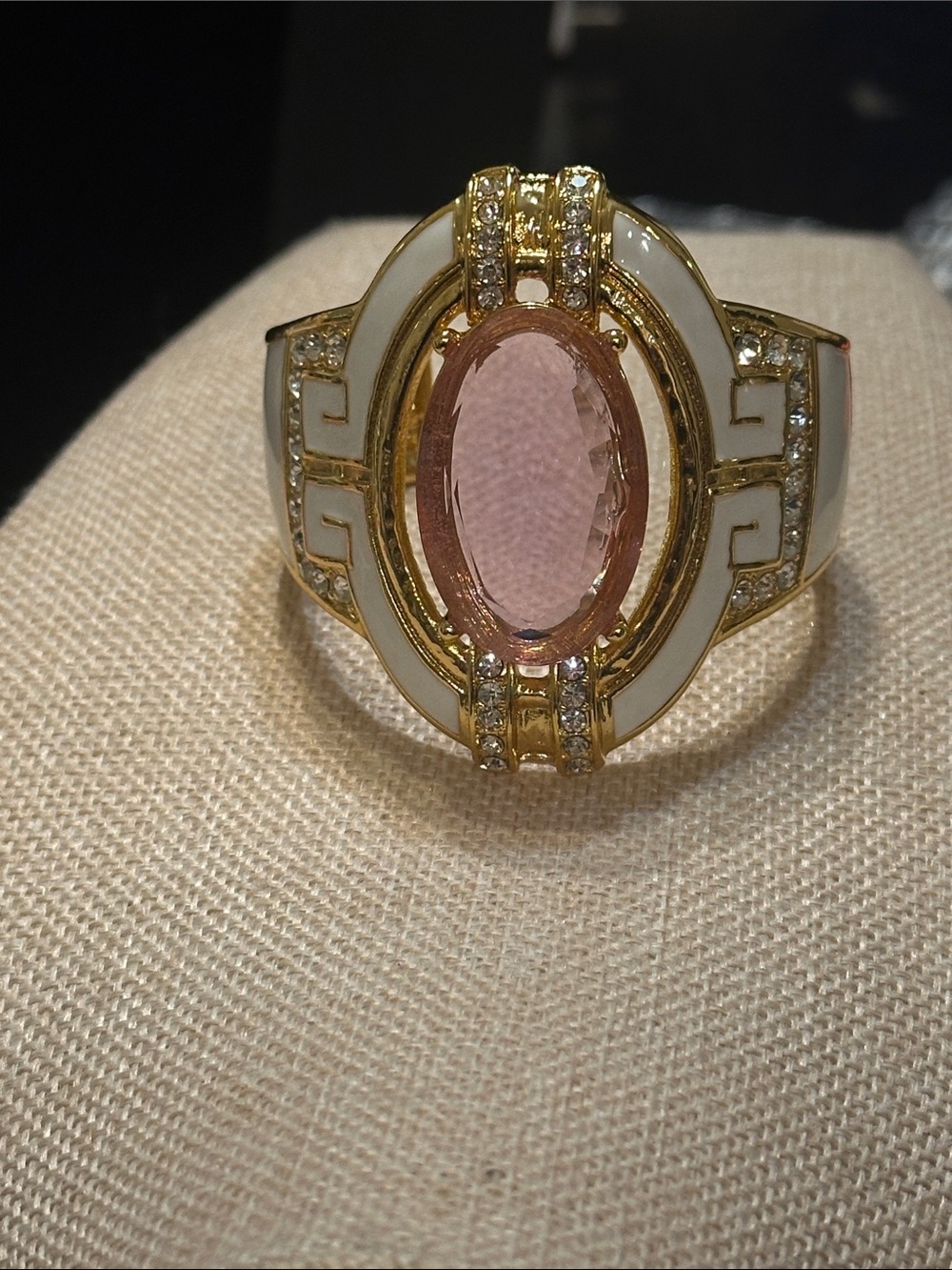 Gold-Plated Pink Crystal Oval Bracelet with White Enamel Accents